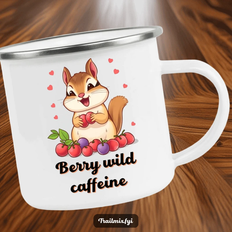 Funny chipmunk camping mug, looking thrilled holding berries, ready for an outdoor adventure. Durable and humorous enamel mug.