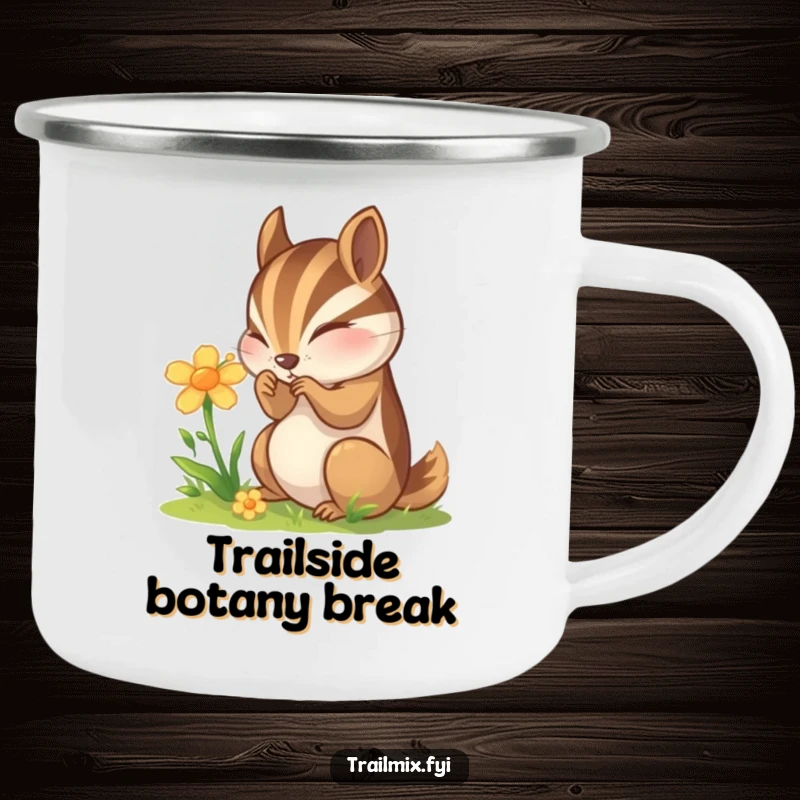 Funny Chipmunk Camping Mug: A curious chipmunk examines a wildflower, perfect for enjoying drinks during outdoor explorations.