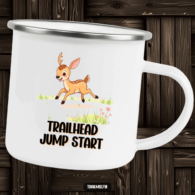Funny camping mug featuring a joyful deer bounding through a meadow, perfect for outdoor adventures and a unique funny gift.