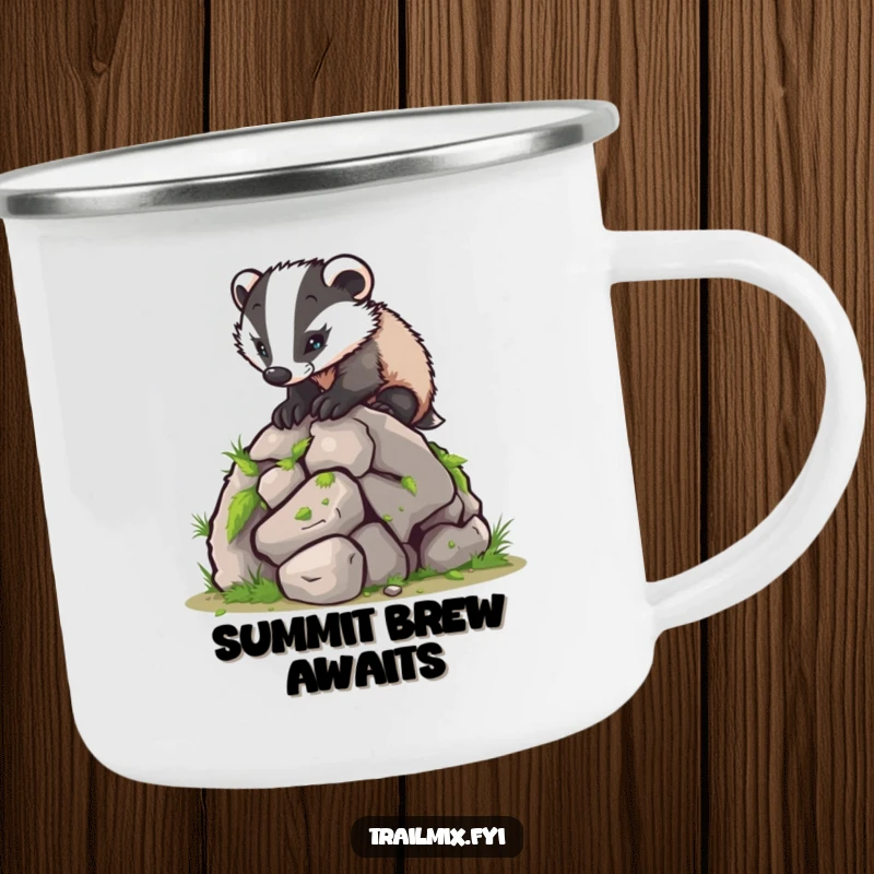 Funny camping mug depicts a tenacious badger conquering a mossy boulder, ideal for outdoor enthusiasts and humorous mornings.