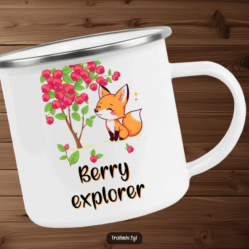 Funny fox camping mug showing a cheerful fox excitedly sniffing a wild berry bush, perfect for outdoor berry enthusiasts.