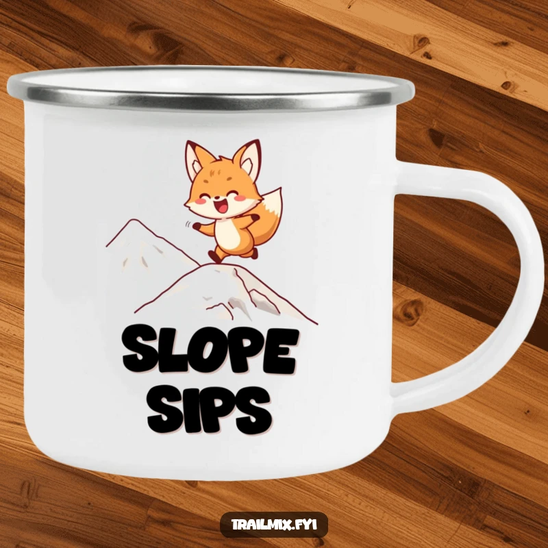 Funny fox camping mug featuring a delighted character playfully bounding up a mountain slope, perfect for enjoying drinks outdoors.
