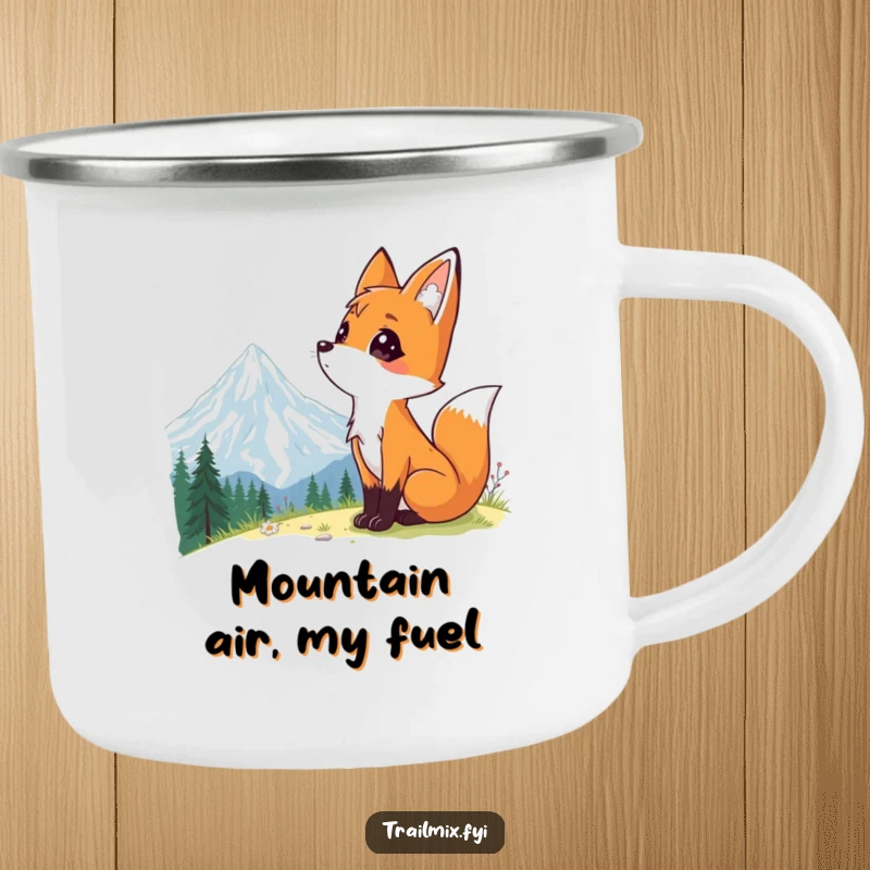 Funny camping mug with a curious fox character looking at a mountain vista, perfect for outdoor adventures and warm drinks.