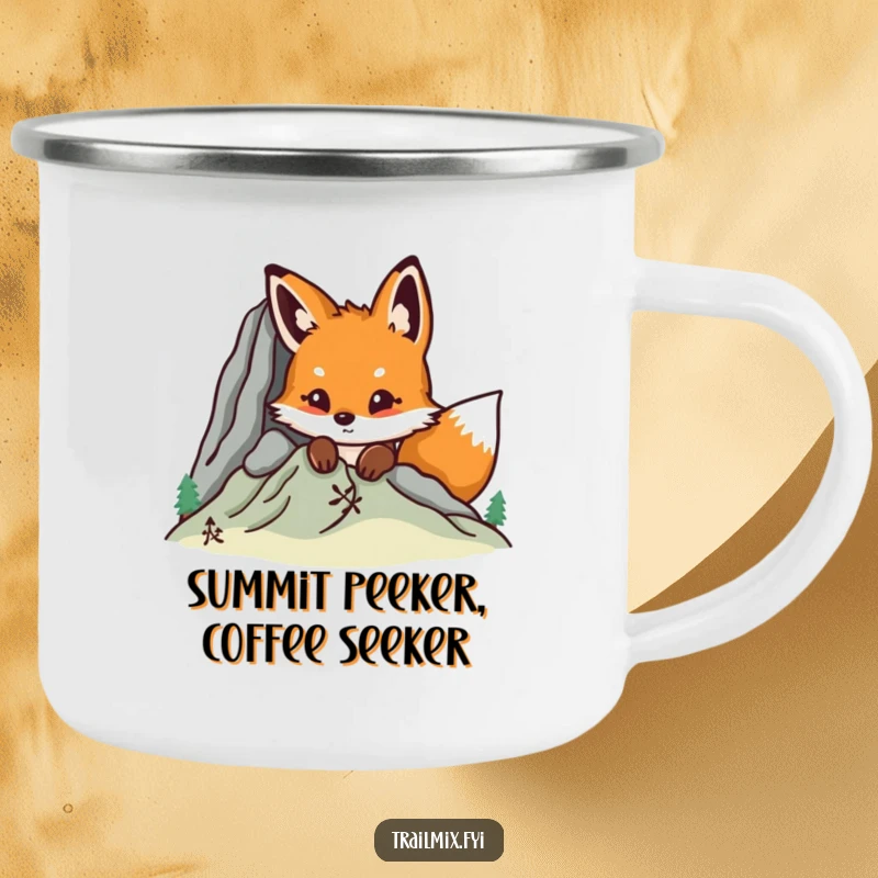 Funny fox peeking from behind a mountain on a camping mug, perfect for outdoor enthusiasts and humor lovers.