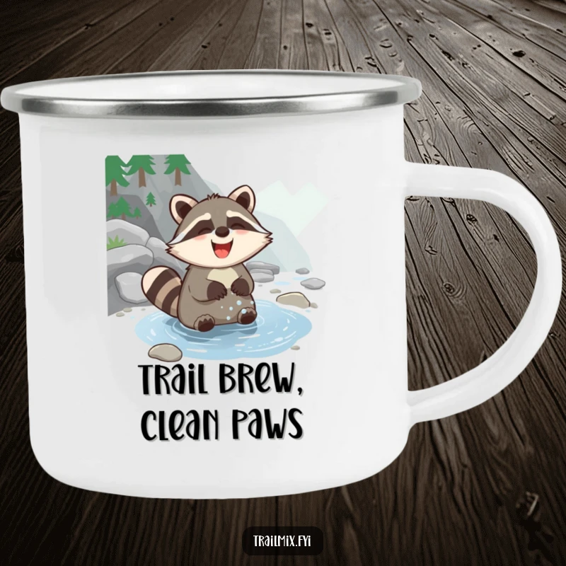 Funny Raccoon Camping Mug showing a happy raccoon washing paws outdoors in a stream, perfect for adding humor to camping trips.