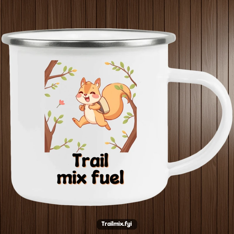 Funny camping mug showing a happy squirrel character joyfully leaping between branches with a backpack, perfect for outdoor adventures.
