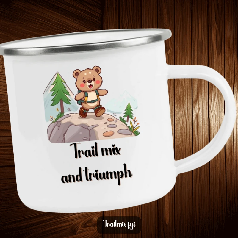 Funny camping mug showing a fuzzy bear with hiking boots enthusiastically skipping up a mountain trail, ideal for outdoor brews.