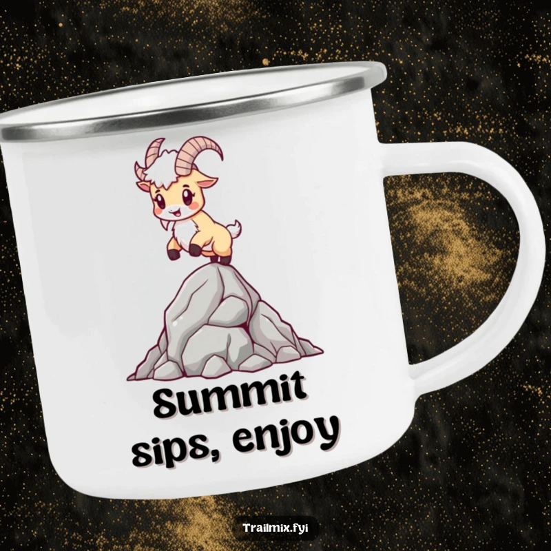 Funny Mountain Goat Camping Mug: A determined goat balances on a rocky outcrop, perfect for enjoying drinks outdoors.