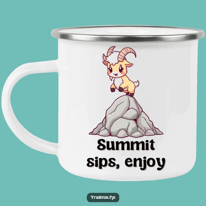 Funny Mountain Goat Camping Mug: Sturdy Enamel Cup for Trails, Bold Climber Design, Outdoor Gift