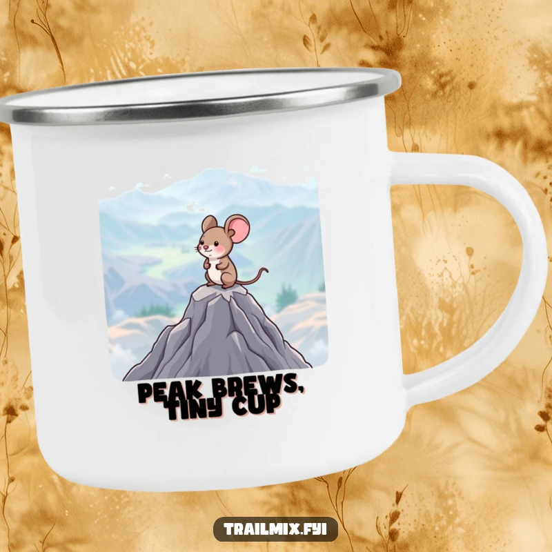 Funny Mouse Camping Mug: A happy mouse surveys a vast landscape from a mountain peak, ideal for outdoor beverages.