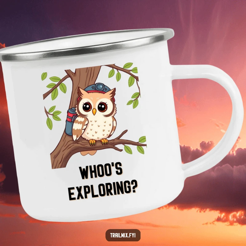 Funny camping mug depicting a curious owl hiker looking out from a branch, perfect for enjoying drinks outdoors.