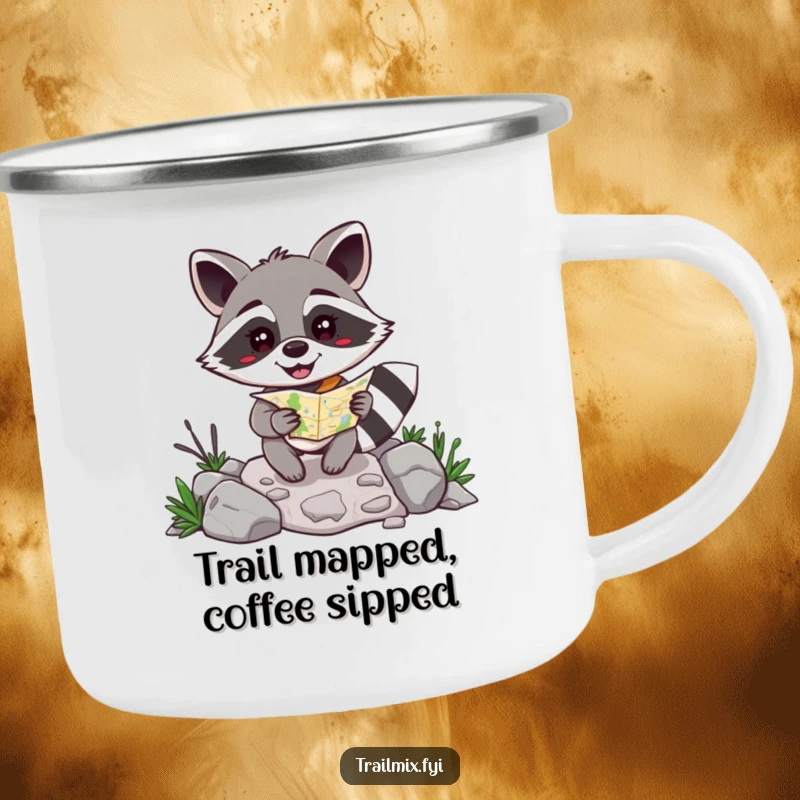 Funny happy raccoon with a map navigating a rocky path on a camping mug, for outdoor enthusiasts.