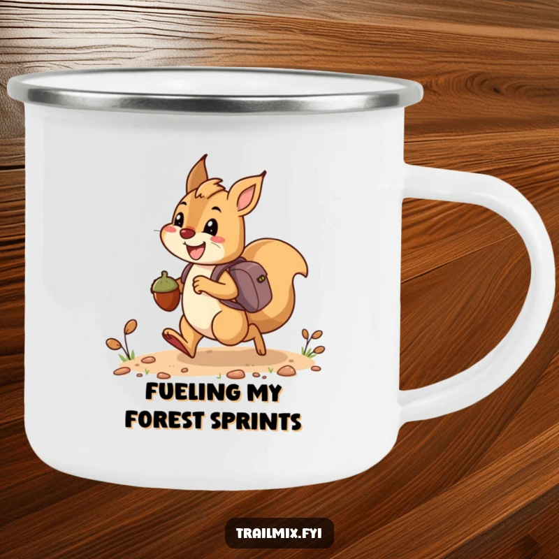 Funny camping mug showing a happy squirrel bounding along a trail, carrying acorns like tiny backpacks, ideal for morning brews.