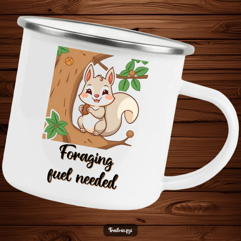 Funny camping mug with a determined squirrel character storing nuts in a tree, ideal for outdoor enthusiasts and snack time.