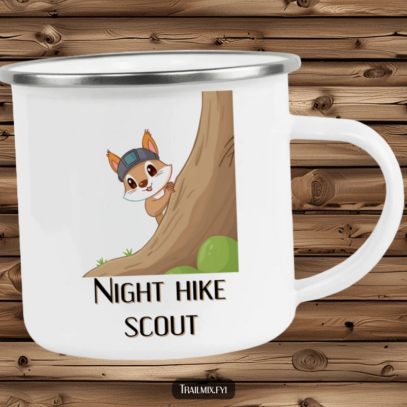 Funny Squirrel Camping Mug: Durable mug with a curious squirrel wearing a headlamp, excitedly peeking around a tree, perfect for night exploration.