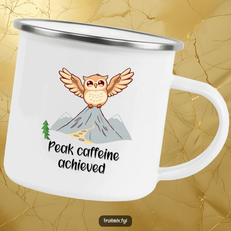 Funny Owl Camping Mug: A joyful owl soars over a mountain trail, perfect for enjoying coffee during outdoor adventures.