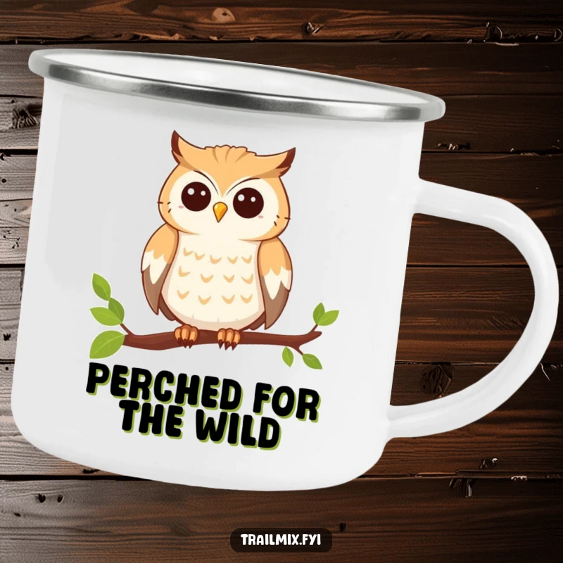 Funny camping mug featuring a smiling owl perched on a branch, ready for adventure, perfect for outdoor enthusiasts.