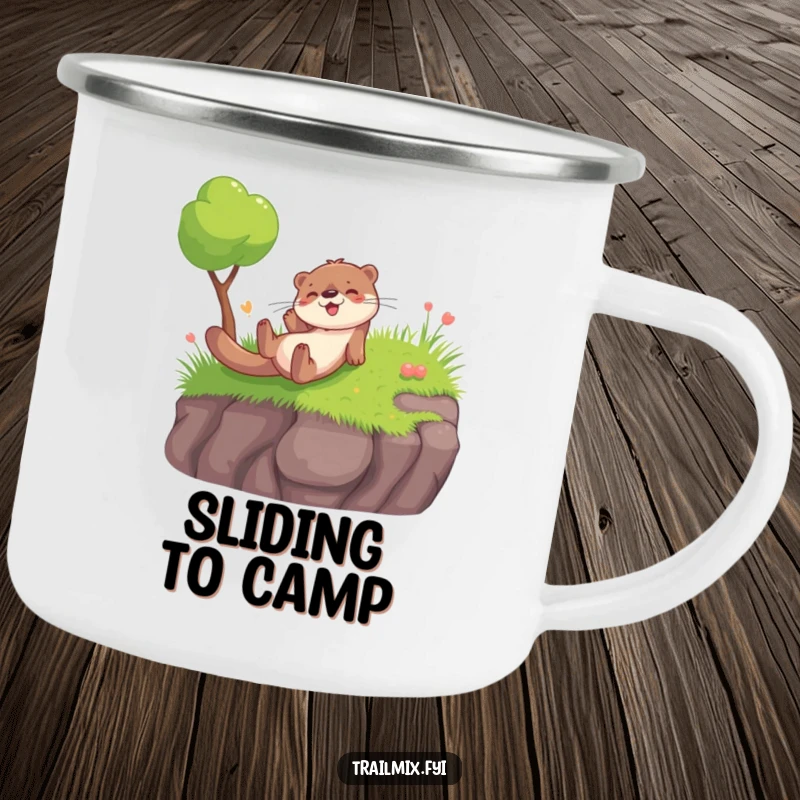 Funny camping mug showcasing a playful otter sliding with glee, perfect for outdoor drinks and spreading cheer.