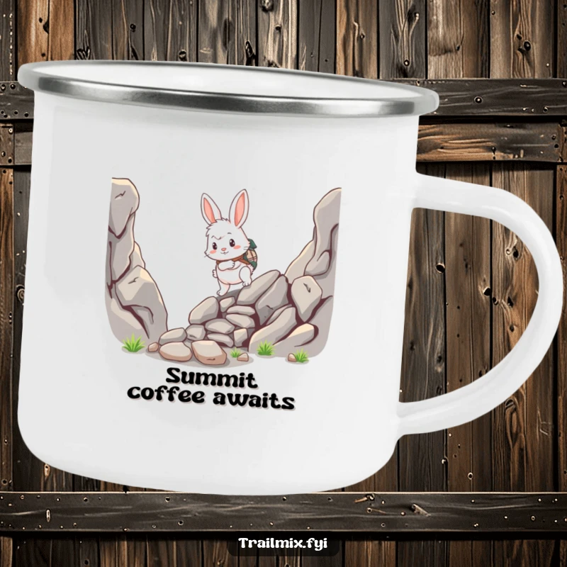 Funny rabbit camping mug, fluffy adventurer scrambling up a rocky path, durable enamel, humorous outdoor gear.