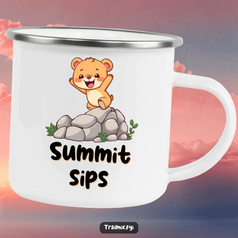 Funny bear cub camping mug featuring a cheerful character enthusiastically climbing a rocky trail, perfect for outdoor brews.