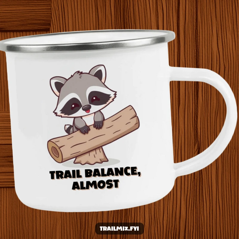 Funny camping mug featuring a playful cartoon raccoon comically balancing on a log, perfect for outdoor humor.