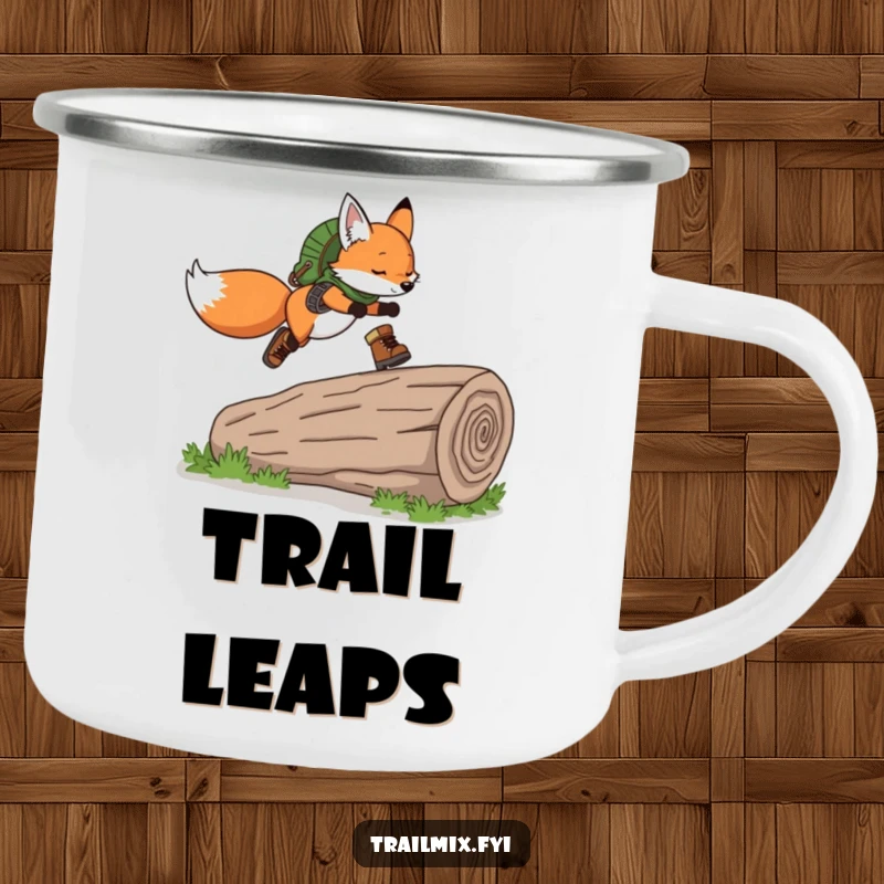 Funny Fox Camping Mug: Durable mug with a playful fox wearing hiking boots, gracefully leaping over a fallen log, perfect for outdoor fun.