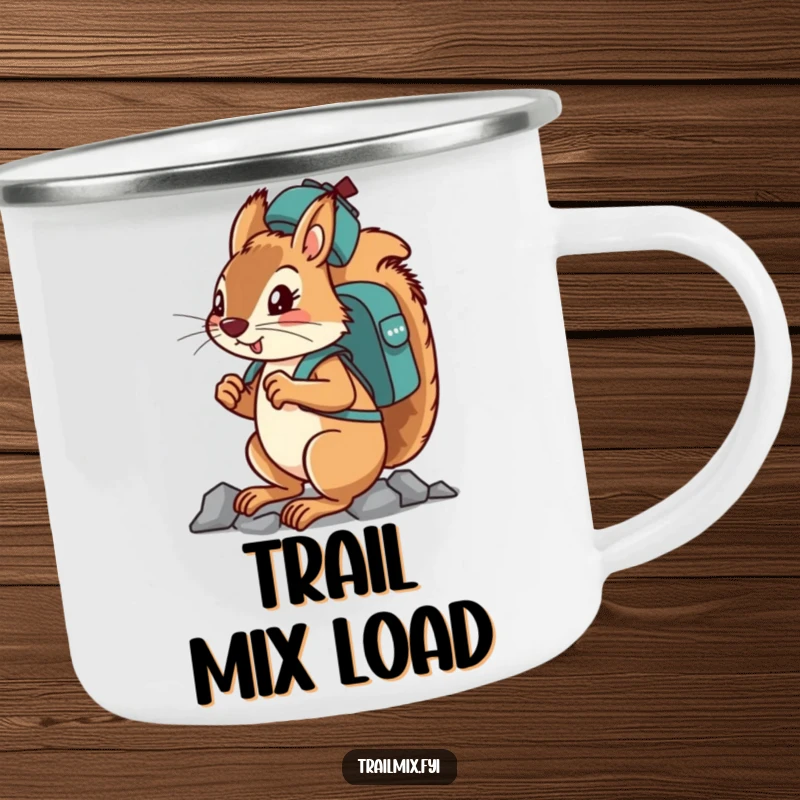 Funny determined squirrel character balancing a backpack on its head while climbing on a durable camping mug.