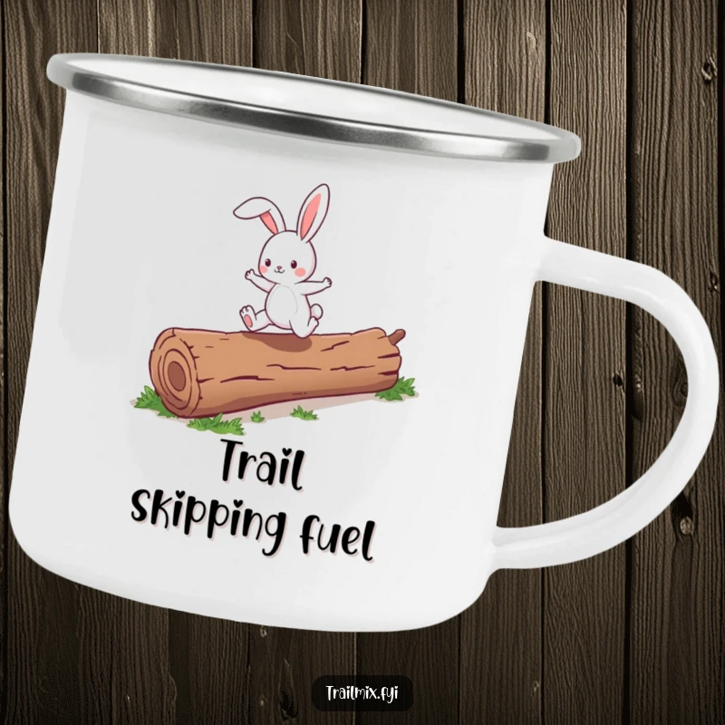 Funny energetic bunny character joyfully skipping over a fallen log, printed on a rugged camping mug.