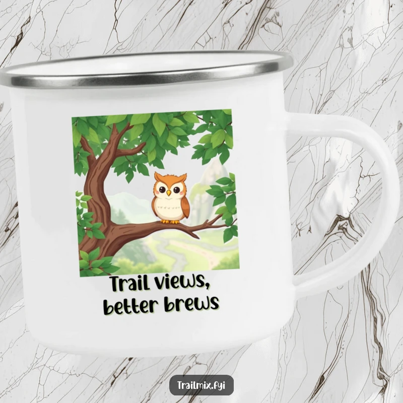 Funny Owl Camping Mug: A smiling owl perches on a branch, overlooking a beautiful hiking trail, ideal for outdoor beverages.