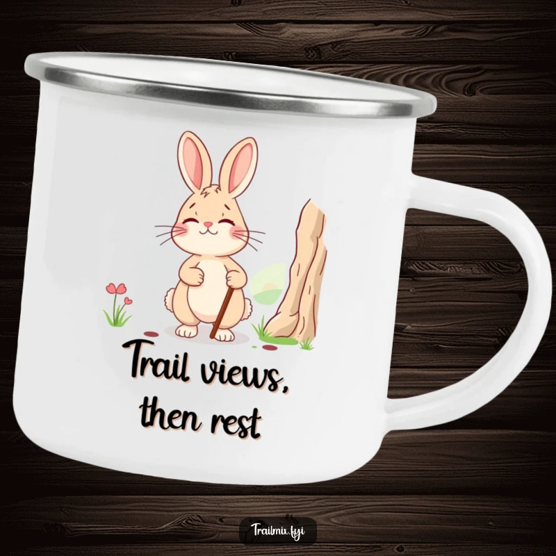Funny camping mug: a smiling, tired rabbit with a walking stick pausing to admire a scenic view, ideal for outdoor enthusiasts.