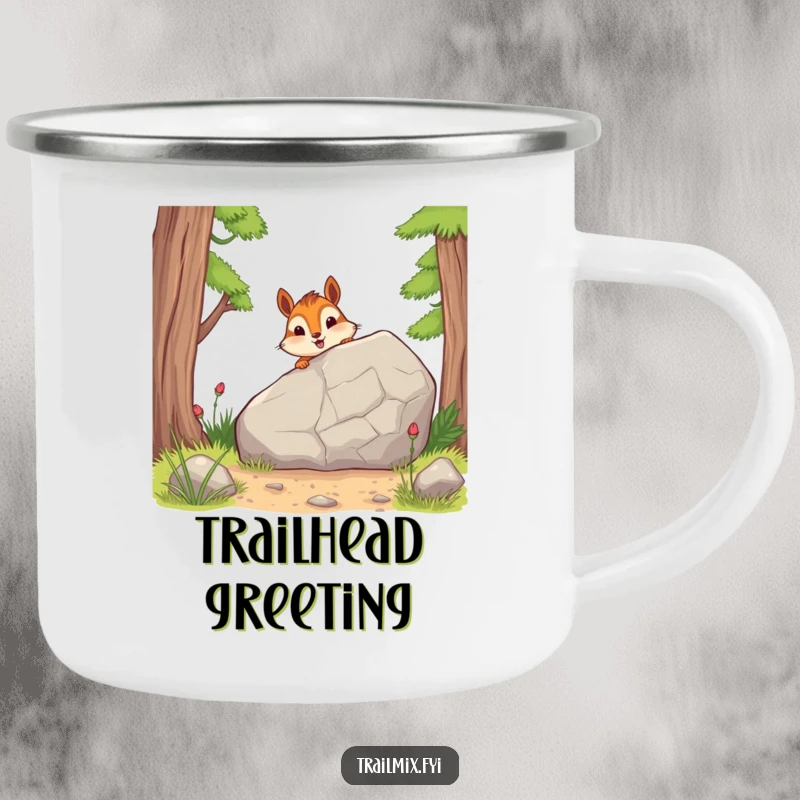 Funny camping mug shows a cheerful chipmunk peeking from behind a rock, ideal for outdoor drinks with a touch of woodland humor.