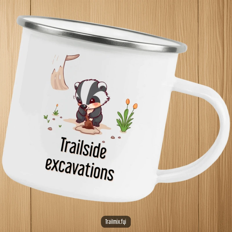 Funny camping mug showing a determined badger digging on a path, ideal for outdoor pursuits and a unique funny gift.