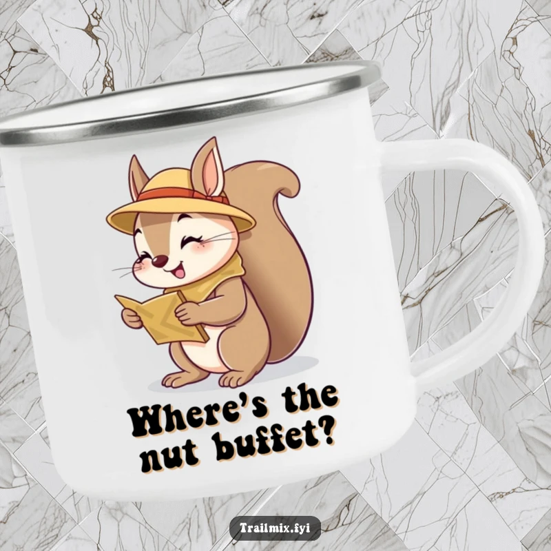 Funny squirrel scout camping mug, curious look at map, durable enamel, cheerful companion for outdoor adventures.