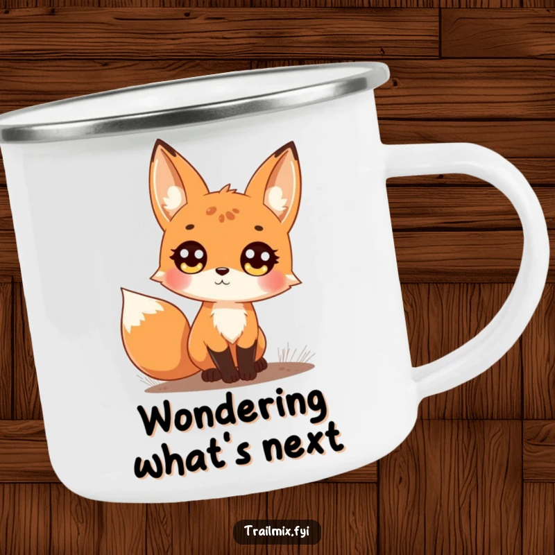 Funny camping mug showing a curious fox on a trail looking upwards with large, bright eyes, ideal for outdoor beverages.
