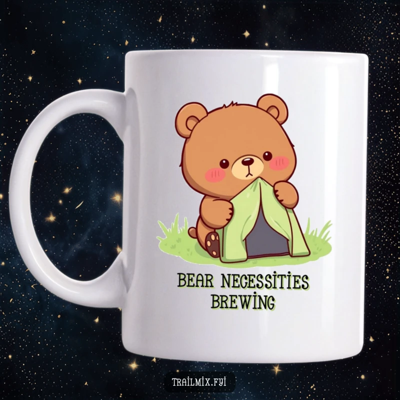 Funny determined bear character setting up a small tent, pictured on a coffee mug.