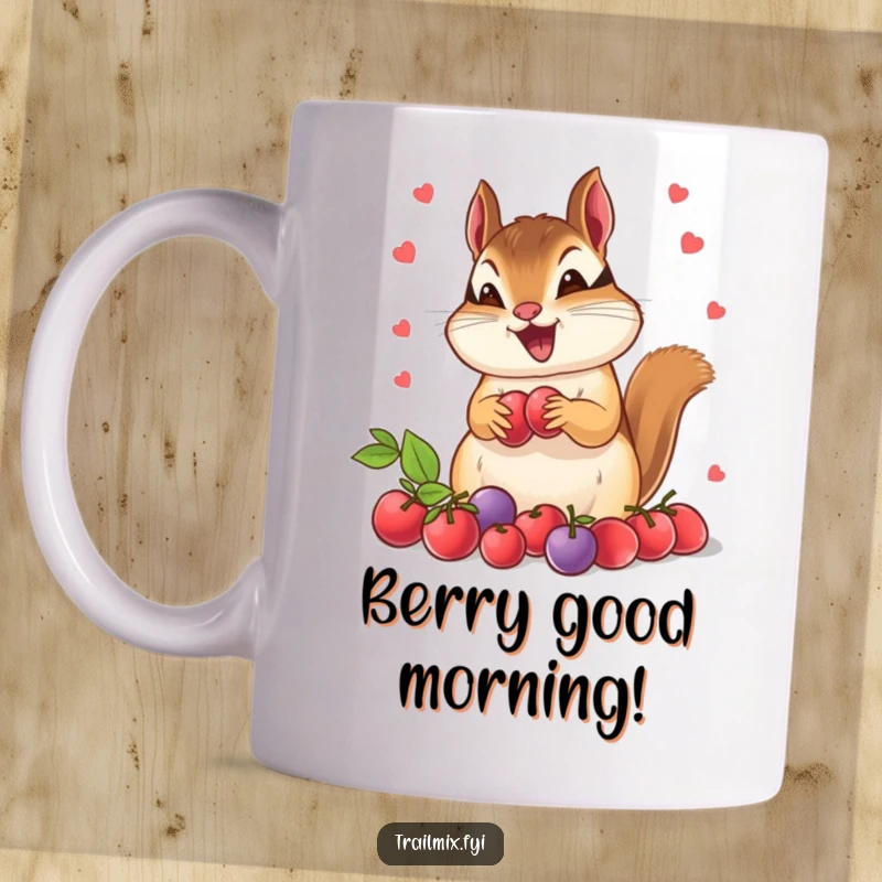 Funny chipmunk mug, excitedly stuffing its cheeks with ripe berries, symbolizing abundance and joy. Perfect for animal lovers.