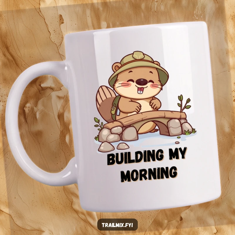 Funny beaver explorer mug, busy building a small bridge, industrious and determined expression, perfect for builders.