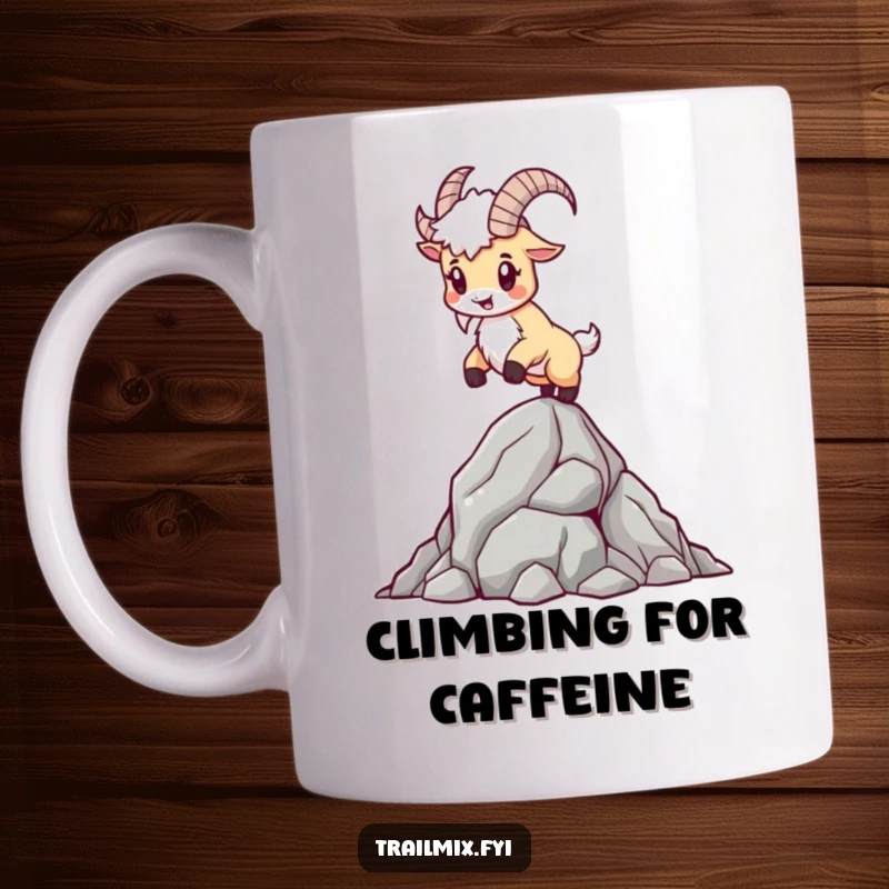 Funny Mountain Goat Mug: A determined goat balances playfully on a steep rocky outcrop, embodying strength and humor.