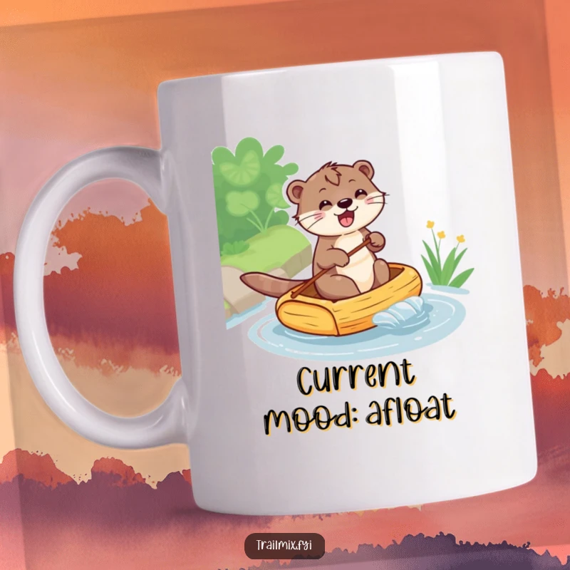 Funny mug featuring a cheerful otter paddling a small raft down a stream, conveying joy and adventure. Perfect for otter enthusiasts.