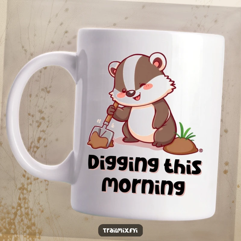 Funny mug featuring a happy badger digging enthusiastically with a trowel, a humorous gift for busybodies.