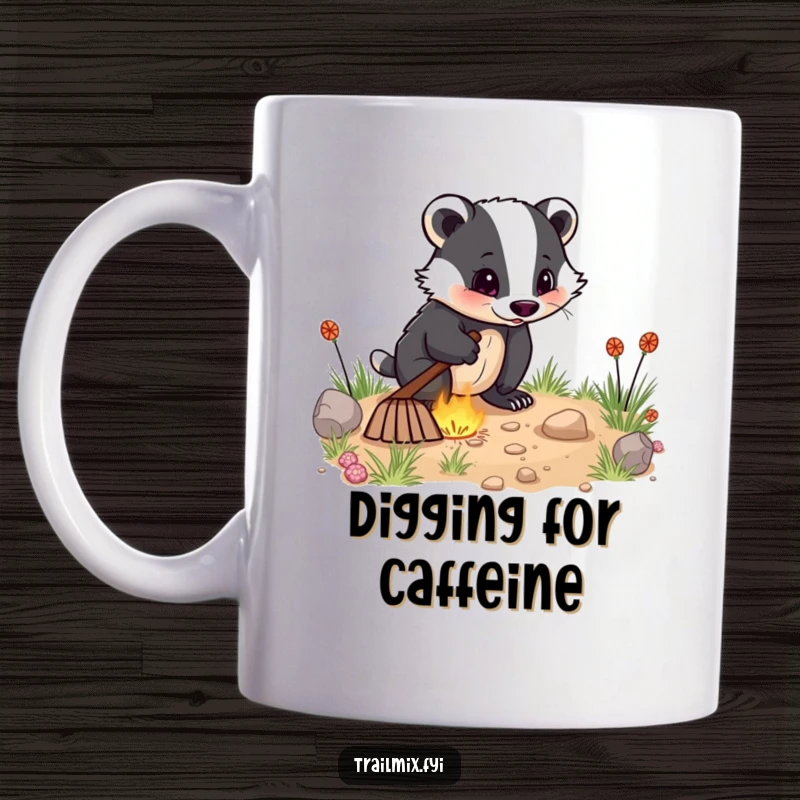 Funny mug shows an energetic badger enthusiastically digging for something exciting near a path, embodying determination and humorous drive.