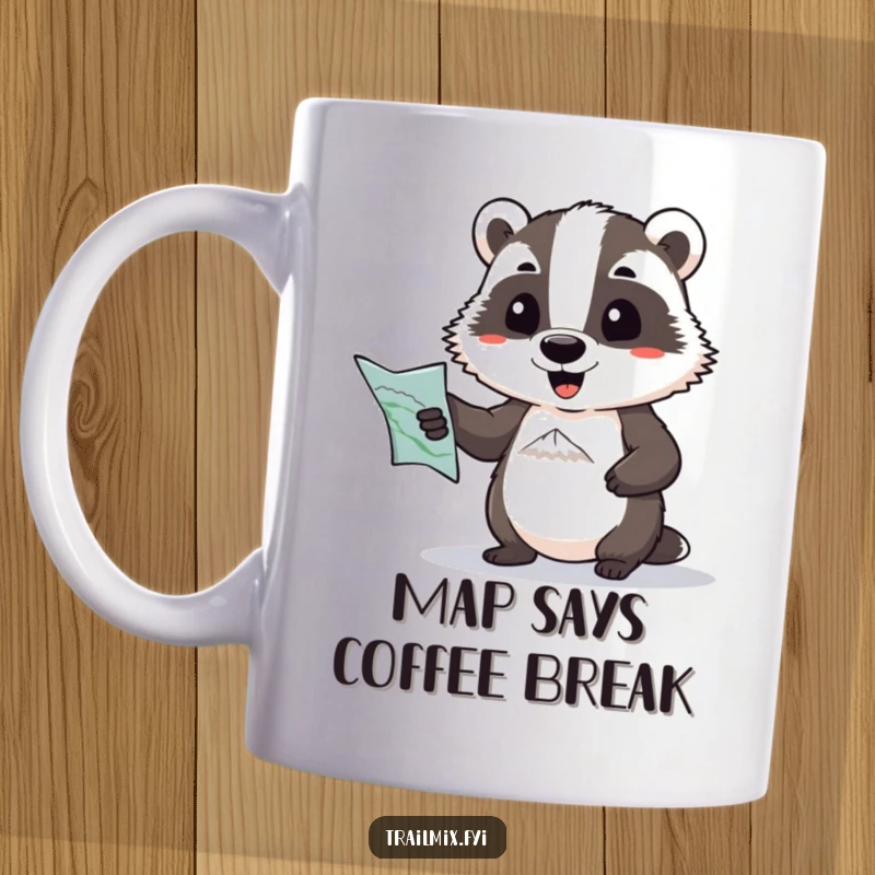 Funny mug: a determined badger with a map comically pointing towards a distant mountain peak, inspiring bold and humorous journeys.