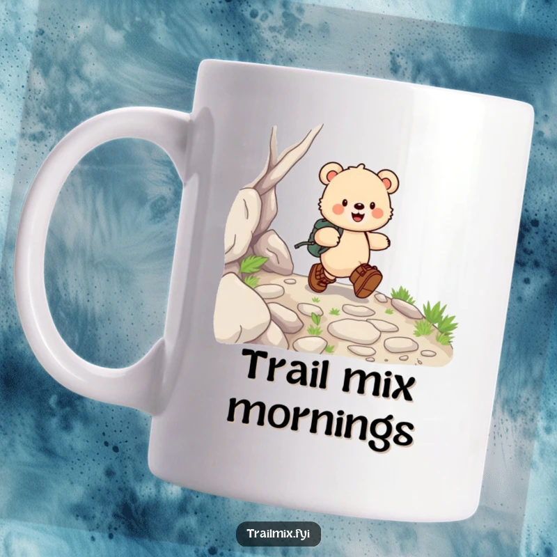 Funny bear cub mug, joyfully skipping down a rocky path in cute hiking boots, embodying outdoor fun.
