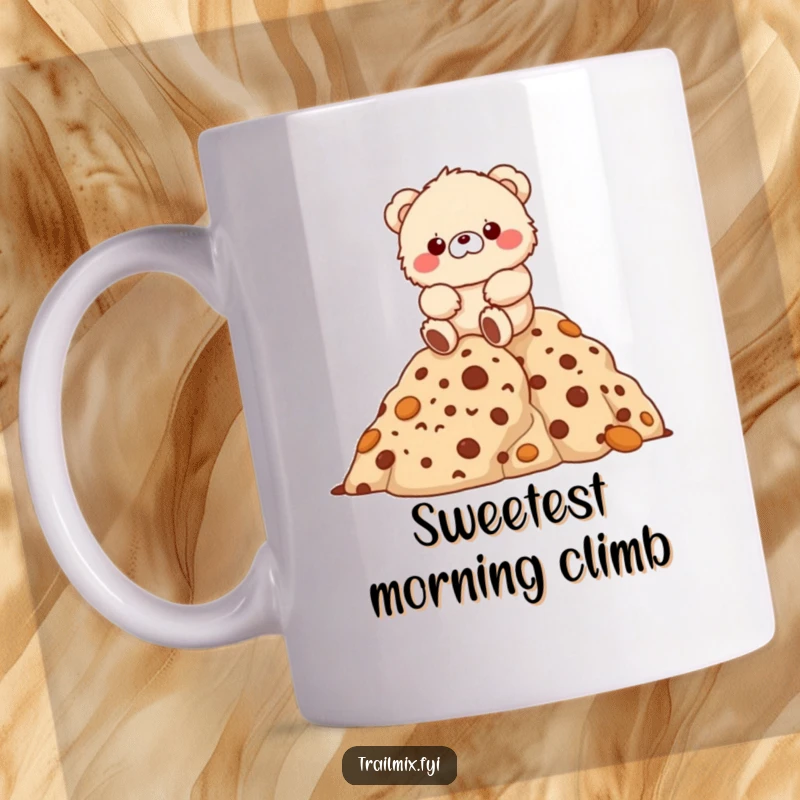 Funny fluffy bear character joyfully hiking up a mountain of cookies on a mug.