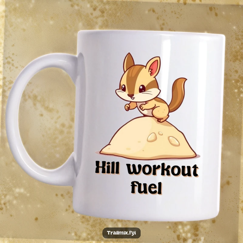 Funny chipmunk mug featuring a determined character energetically scurrying up a small hill, showcasing persistence and a humorous spirit.