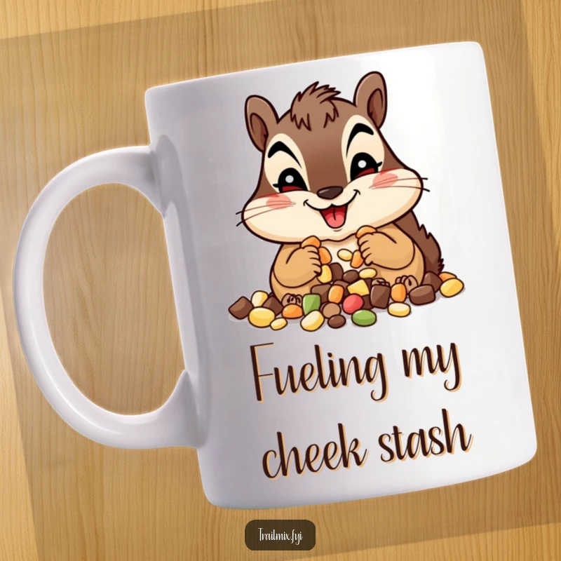 Funny chipmunk mug, happily munching trail mix with a wide grin, full of joy and ready for an adventure. A perfect gift.