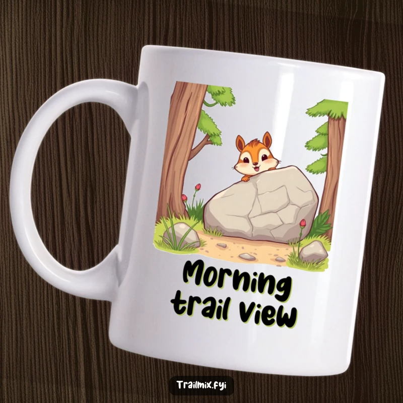 Funny mug shows a cheerful chipmunk peeking from behind a large rock on a trail, embodying playful curiosity and outdoor fun.