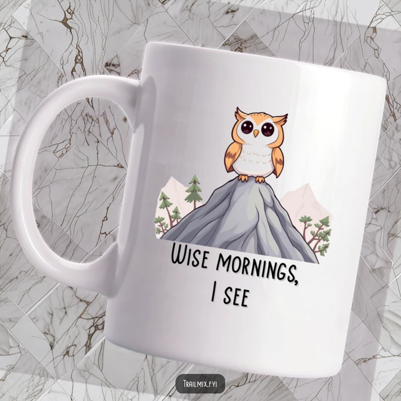 Funny Curious Owl Mug: An owl character perched on a peak, curiously surveying the surrounding scene.