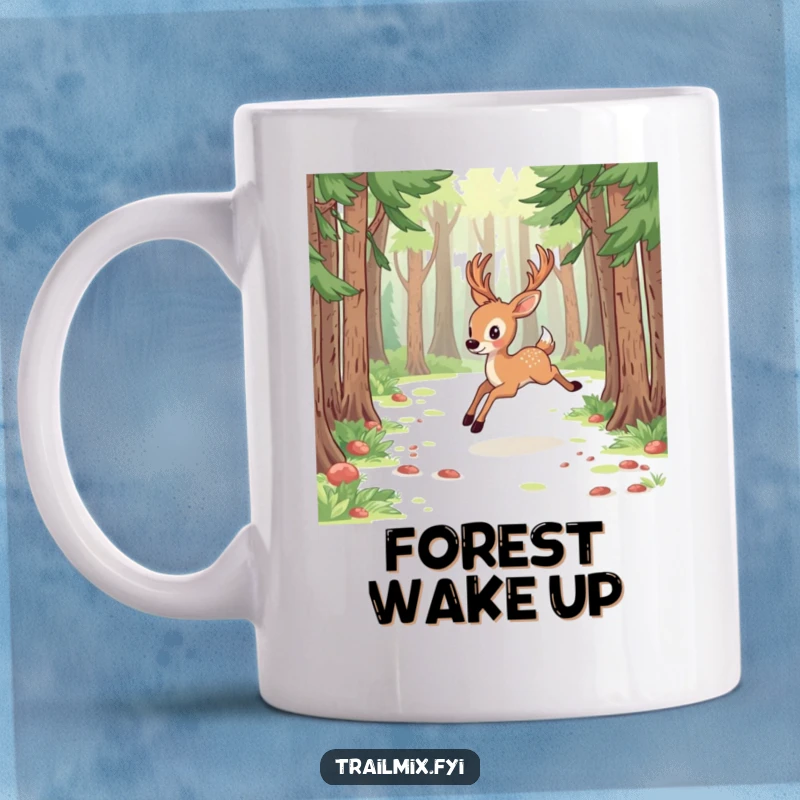 Funny deer mug, energetically bounding through a sunlit forest clearing with grace and freedom, symbolizing wild spirit.