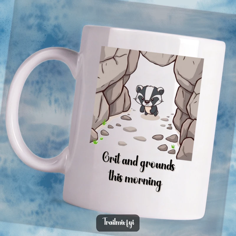 Funny mug featuring a determined badger character navigating a rocky path, embodying perseverance and strength with a focused expression.